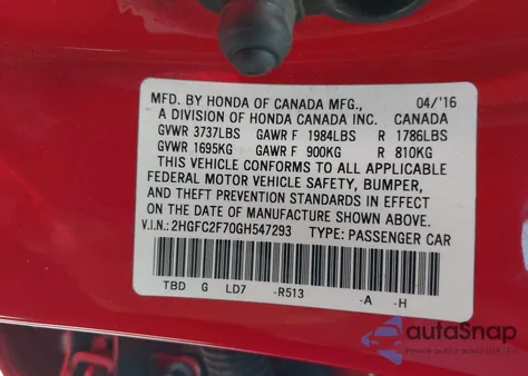 2016 Honda Civic Ex z USA, uszkodzony, nr VIN 2HGFC2F70GH547293